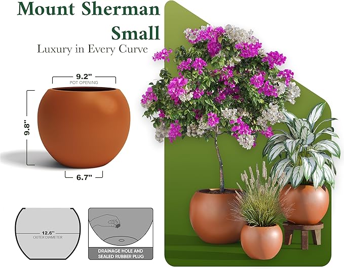 DTY Signature Mount Sherman 12.6''D x 9.8''H Modern Indoor Outdoor Fiberstone Sphere Planter, Durable Round Garden Pot, Weather Resistant, Drainage Hole & Rubber Plug - Small, Terracotta