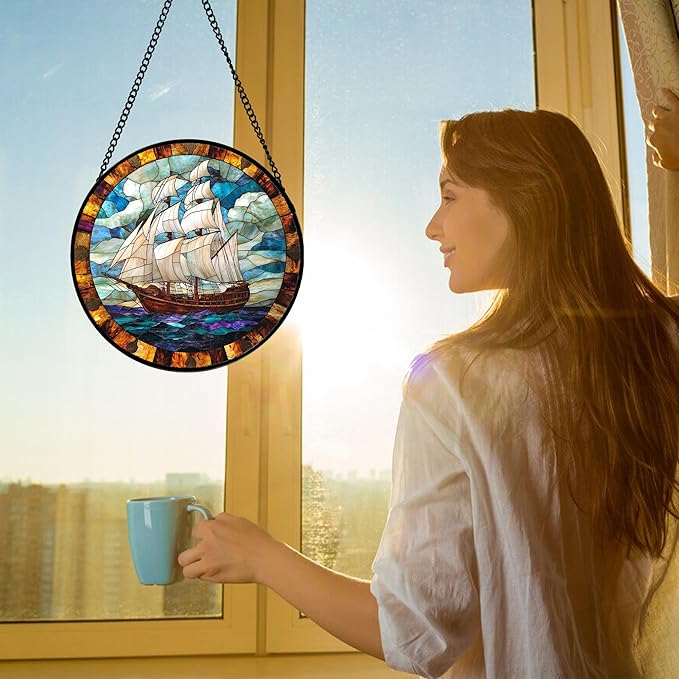 DASTOLL Stained Glass Window Hanging, Sailing Ocean Sun Catchers Glass Panel Navigation Suncatcher Decor for Birthday for Women, Men, Wife, Aunt, and Mom 9.8 in