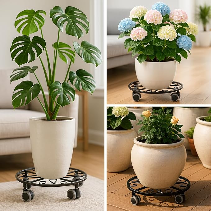 5 Pack Plant Caddy with Wheels Heavy Duty 11.8 Inches Metal Plant Stand with Wheels Plant Dolly Rolling Plant Stand Plant Roller with Casters for Indoor and Outdoor (5, Black)