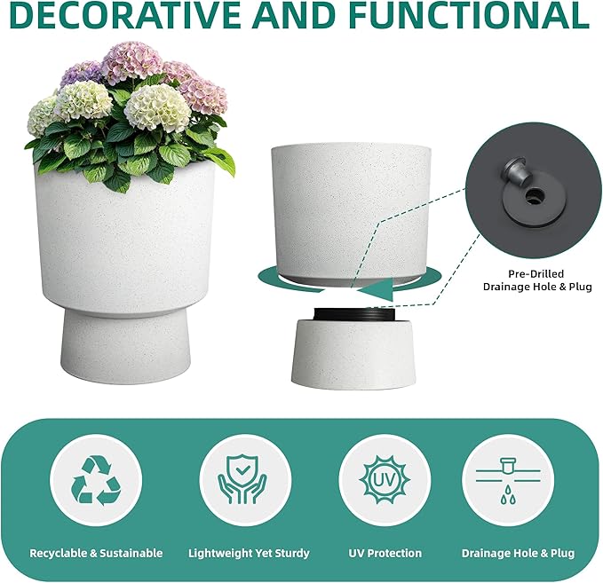 Ultym 16.75"H Urn-Style Tall Planters, 2-Pack Modern Large Flower Pots for Outdoor Indoor, 2-in-1 Design Plant Containers for Garden Patio Yard Balcony Porch or Home Decor, White Terrazzo, UV-Protect
