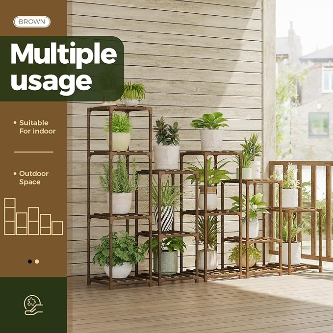 Bamworld 5 Sets Plant Stands Indoor Outdoor Combo Plant Shelves Wooden Plant Holder Rack for Multiple Plants Flower Stands for Living Room Balcony Garden Patio Lawn Window