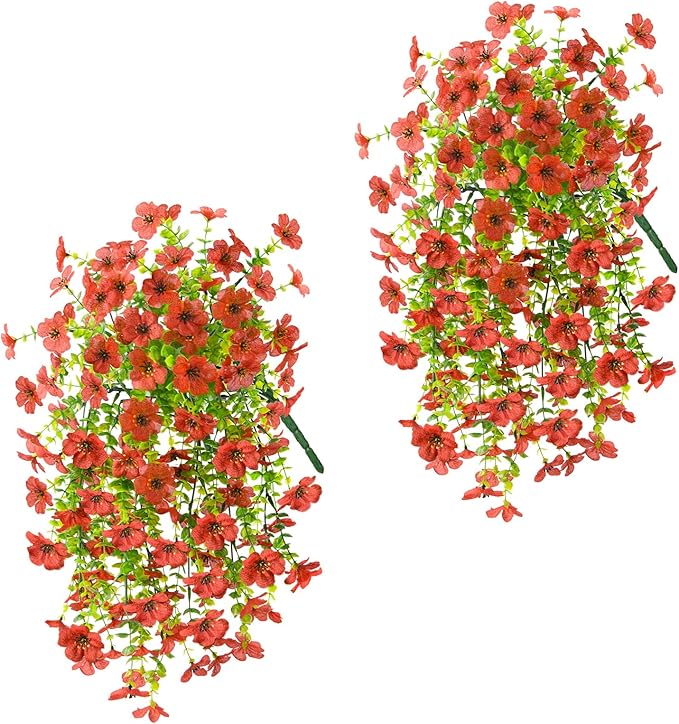 ZFProcess Artificial Hanging Flowers for Outdoors Spring Decoration, 2PCS Silk Fake Daisy Realistic Outdoor Flowers UV Resistant Porch Patio Window Yard Decor(Red)
