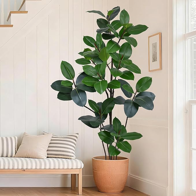 6FT Artificial Green Rubber Tree - 72" Faux Trees Indoor with 70 Lifelike Vivid Leaves and 10 Heads, Tall Fake Potted Plant for Home Office Living Room Decor Housewarming Gift