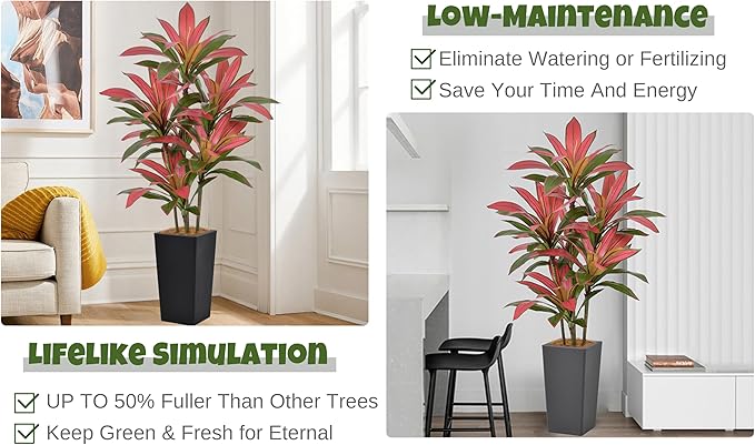 Roselywed Artificial Red Dracaena Tree 5FT with 90 Leaves & 6 Heads & Gray Tall Planter Cover with Coconut Fiber Tall Faux Tropical Silk Bicolor Plant 60 Inch for Indoor Home Office Porch Mall Decor