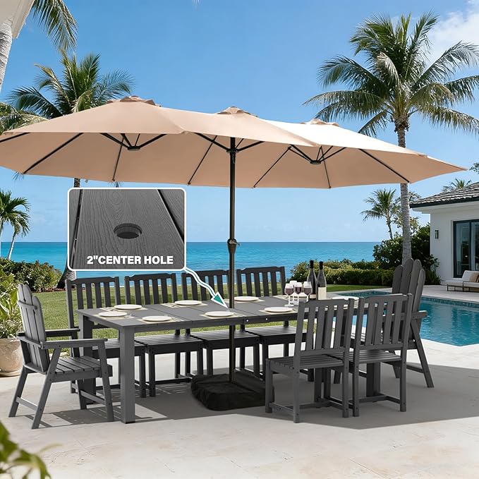 11-Piece Patio Dining Set, Outdoor Dining Set for 10, HDPE All-Weather Outdoor Furniture with 89.57” Umbrella Hole Table, 2 Armchairs & 8 Armless Chairs, Gray