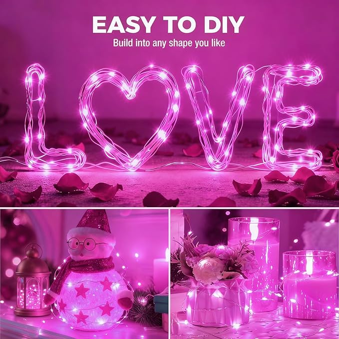 litogo 30 Pack 7FT 20 LED Fairy Lights Battery Operated, 3 Lighting Modes, Bulk Mini Twinkle String Lights Waterproof Silver Wire for Weddings Mason Jars Party Christmas Decorations-Pink
