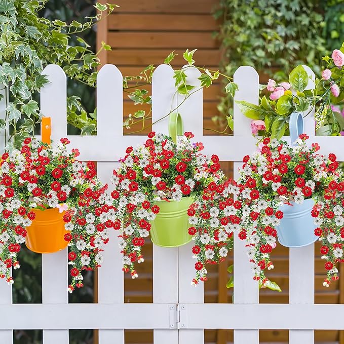 Artificial Flowers for Outdoors 6PCS，All Weather Fade Proof, UV Resistant Waterproof Realistic Faux Silk Mums Daisies Red & White for Hanging Planters Porch Patio Balcony Deck Fence Garden Decor