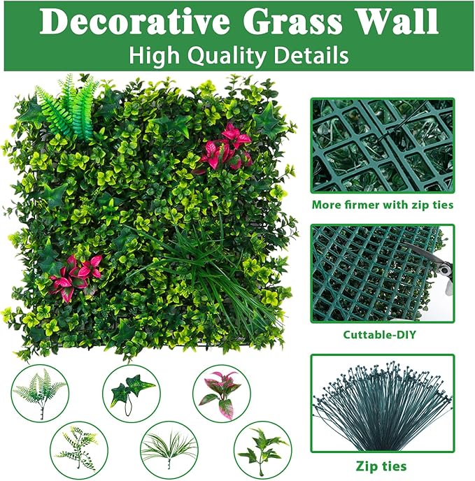 Yangrass Artificial Boxwood Wall Panels, 20''x20'' 8pcs Grass Wall Panels with Mint Plant Leaves, Greenery Backdrop Privacy Screen with UV Protection, Green Grass Wall for Garden Indoor Outdoor Decor