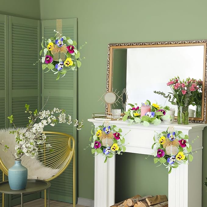 4 PCS Mini Spring Summer Kitchen Cabinet Wreaths Small Pansy Flowers Wreath for Front Door with Fern Branches Ribbon Small Flocked Lamb Ear Leaves Wreath for Indoor Outdoor Farmhouse Porch Wall Decor