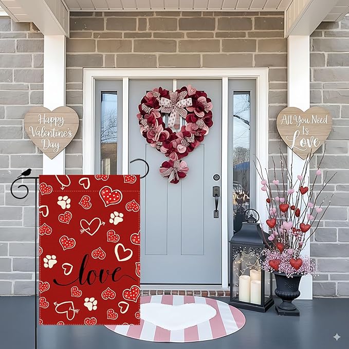 Red Love Heart Dog Paw Print Valentine’s Day Garden Flag Yard Flag 12x18 Inch Double Sided Small Mini Yard Outdoor Outside Holiday Decoration