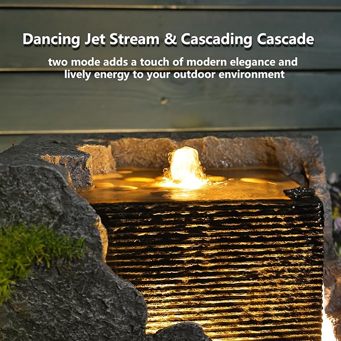 Garden Water Fountain Outdoor Bubbling Fountain Small Fountains Indoor Waterfall Floor Standing Water Fountains for Garden, Patio with LED Lights, Pump, Natural Stones
