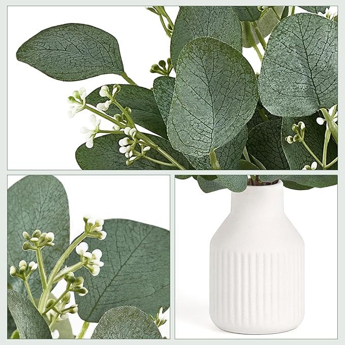 Dahey Artificial Eucalyptus Stems in Ceramic Vase Centerpiece Table Decorations Modern Farmhouse Decor Fake Eucalyptus Plants with Vase for Bathroom Kitchen Shelf Living Room Home Decor, White