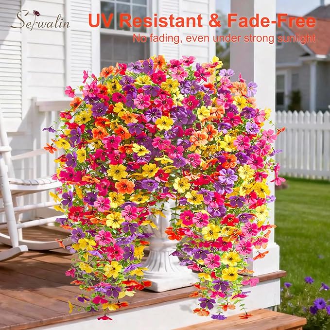 Serwalin 6PCS Artificial Fall Flowers for Outdoors Decoration, Realistic Silk Artificial Fall Hanging Flowers for Patio, Garden, Porch, Window, Outside (Yellow, Hot Pink, Purple &Orange,6PCS)
