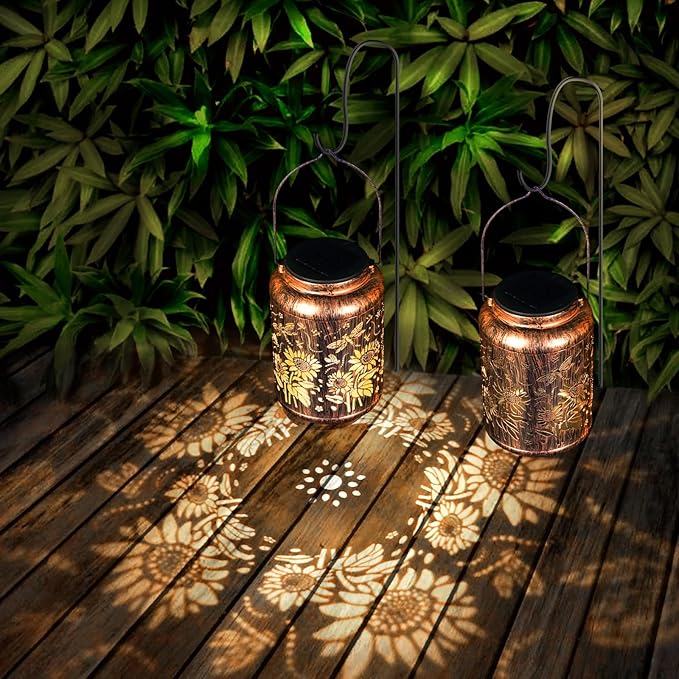 2 Pack Solar Light, Outdoor Lanterns for Patio Waterproof , Dragonfly Sunflower Outdoor Solar Lanterns for Porch, Yard, Deck, Lawn, Backyard, Patio, Tabletop, Pathway