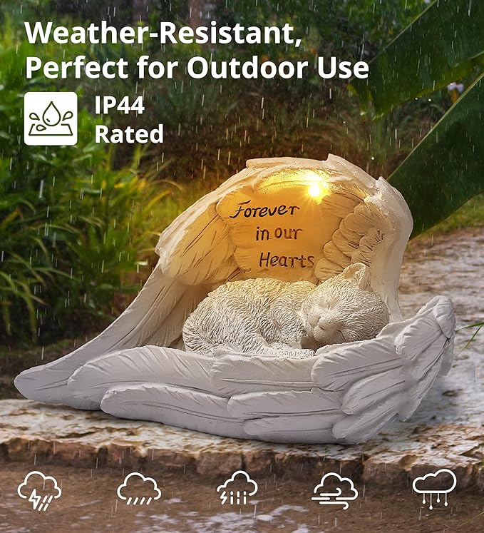 ZhiYo-GD Pet Cat Solar Garden Memorial Statue – Outdoor Resin Angel Kitty with Solar Light, Guardian Angel Kitten Memorial Gift for Patio, Lawn, Yard, or Garden Christmas Decor