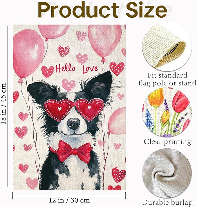 Valentine's Day Border Collie Hello Love Garden Flag, House Yard Plaid Love Heart Outside Decoration, Spring Holiday Wedding Anniversary Outdoor Small Decor 12x18(12622)