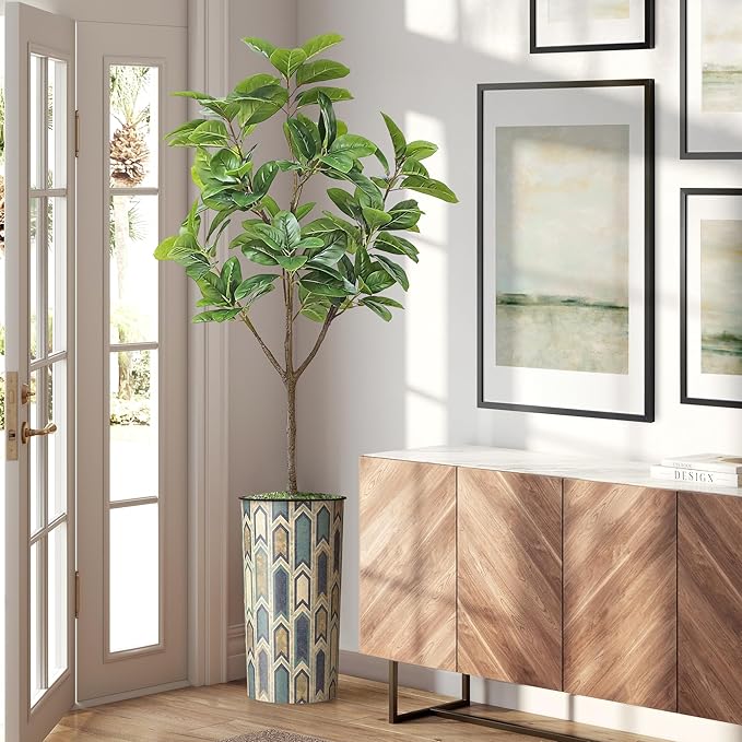 Artificial Tree in Modern Polygon Pattern Effect Planter, Fake Rubber Silk TRE for Indoor and Outdoor Home Decoration - 70" Overall Tall (Plant Pot Plus Tree)