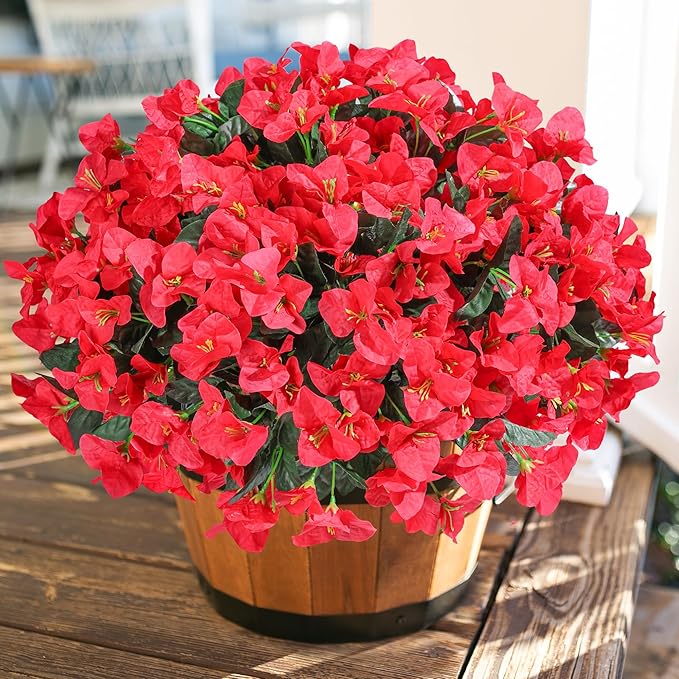Ivydale Artificial Bougainvillea Flowers for Outdoors Spring Summer Decor, 4 Bundles Fake Red Silk Flowers for Outside Faux Plants UV Resistant Realistic for Outdoor Planters Patio Porch Garden Home