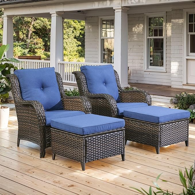 Belord Wicker Furniture 4 Pieces Outdoor Patio Furniture Set Patio Chairs with Ottomans Conversation Set for Porch Garden Deck Balcony Poolside