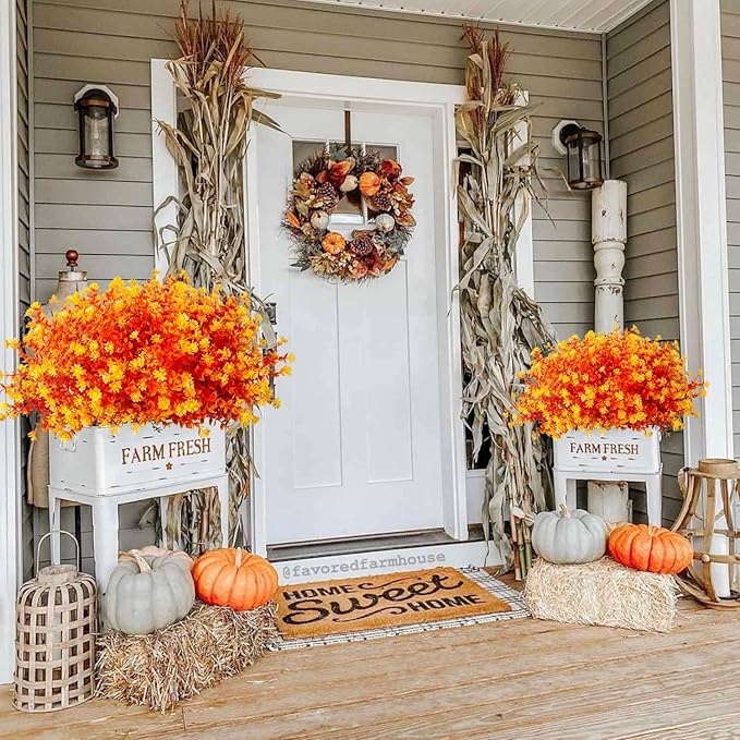 Grunyia 12 Bundles Artificial Fall Flowers No Fade Faux Autumn Plants, Fake Indoor Outdoor Greenery Decorations for Thanksgiving Christmas Wedding Party Home Garden Fireplace Décor (Fall Orange)