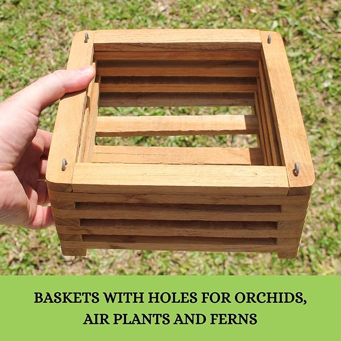 Set of 2 Wooden Orchid Baskets with Hangers, Hanging Vanda Baskets for Outside