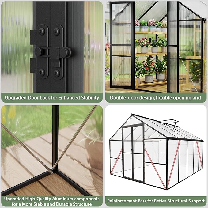 8 x 16 FT Outdoor Greenhouse, Heavy-Duty Polycarbonate Greenhouse with Aluminum Frame, Lockable Door, Adjustable Roof Vent, Walk-in Green House for Backyard, Garden, Patio