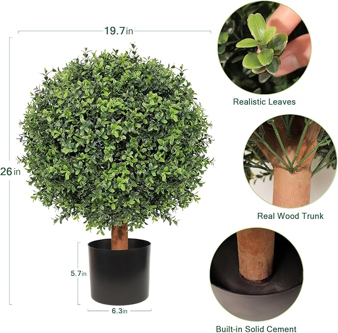 26" Artificial Boxwood Topiary Trees - 19.7" W Large Faux Plants Outdoor for Front Porch Decor, UV-Resistant Potted Shrubs with LED Lights, Realistic Fake Greenery Balls for Patio Entrance, Set of 2