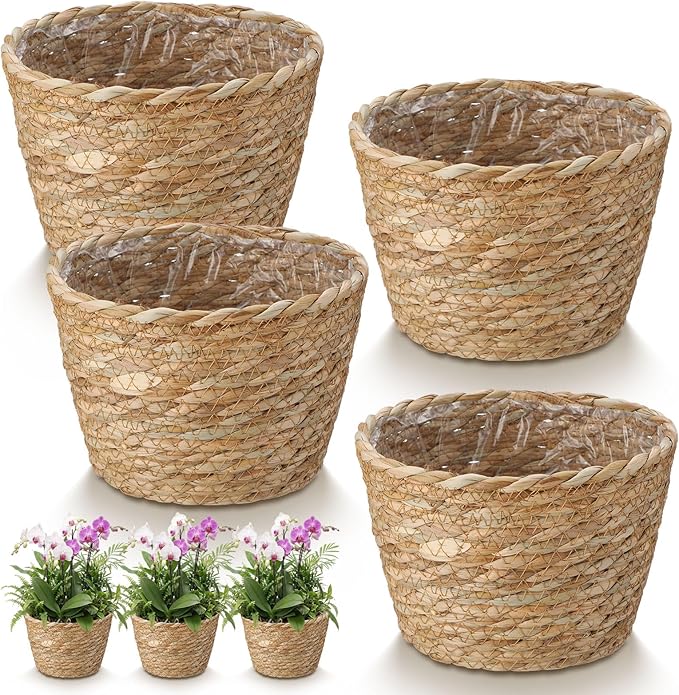 4 Pcs Straw Plant Baskets Indoor Rattan Woven Flower Baskets with Plastic Liner, Cattail Plant Planter for Indoor Outdoor Rustic Boho Home Farmhouse Floor Potted Pots Decor