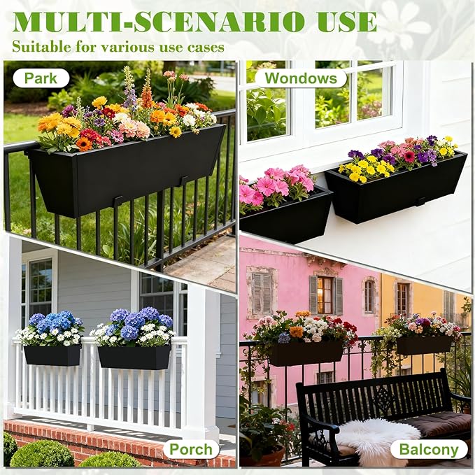Railing Planter Box Metal Hanging Planter for Outdoor Balcony Heavy-Duty Window Planter Box with Adjustable Brackets