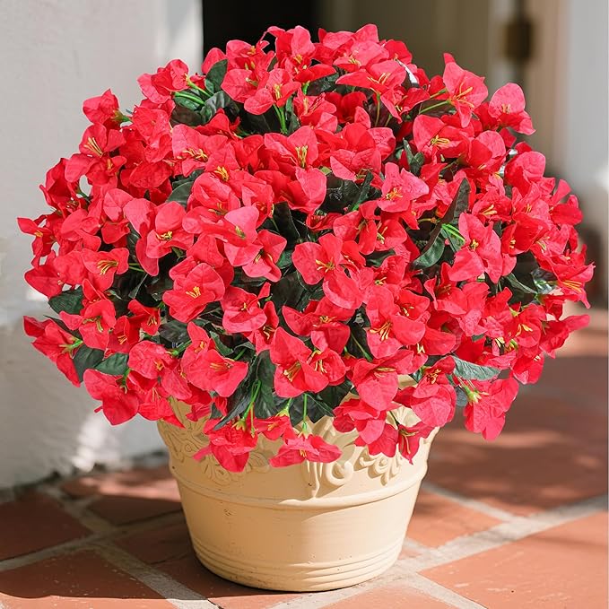 Ivydale Artificial Bougainvillea Flowers for Outdoors Spring Summer Decor, 4 Bundles Fake Red Silk Flowers for Outside Faux Plants UV Resistant Realistic for Outdoor Planters Patio Porch Garden Home
