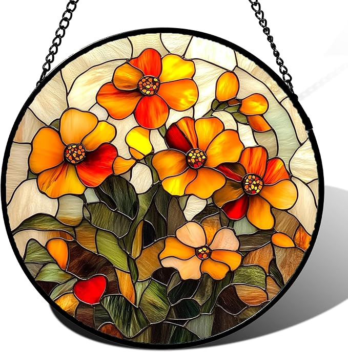 Stained Glass Window Hanging - Orange Marigolds Flowers Suncatcher for Door Garden Yard Sun Catchers Decor Christmas Mother's Day Birthday Gifts for Women Mom Nana Girlfriend Men 11.8 in