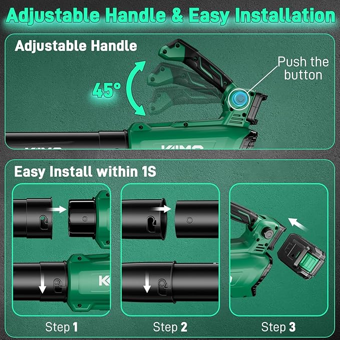 KIMO Leaf Blower Cordless with Battery and Charger, 800CFM/300MPH, Precision Adjustment Handle, 3Speeds w/ Visual Panel, Lightweight, 2 Extended Tube, 2* 2.0 Battery Powered Leaf Blowers for Lawn Care