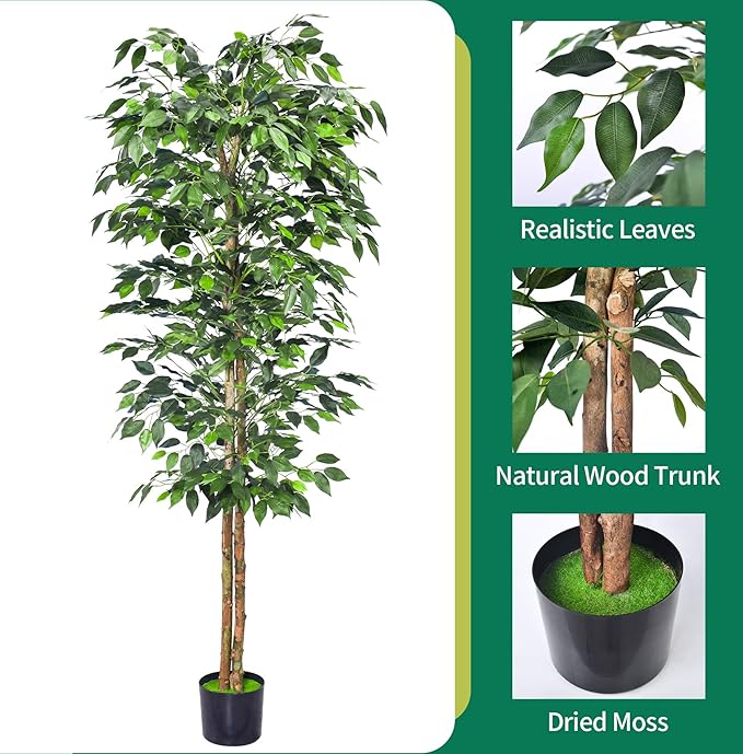 HAIHONG 1Pack 6FT Artificial Ficus Tree with Realistic Leaves and Natural Trunk, Faux Ficus Tree with Sturdy Plastic Nursery Pot, Fake Ficus Tree for Office Home Farmhouse for Indoor Outdoor Decor