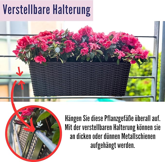 LaLaGreen Outdoor Rail Planter for Balcony (20 Inch, 2 Pack) Large Black Self Watering Deck Railings Planters with Brackets, Rectangular Plastic Fence Flower Box Designer Choice with Rattan Pattern