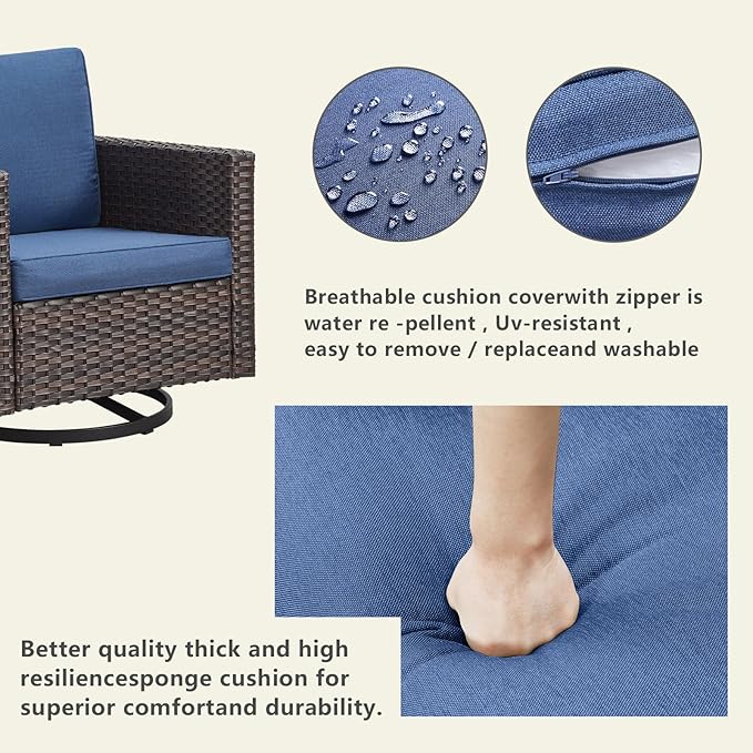 Rilyson Wicker Outdoor Patio Furniture Set - 5 Piece Patio Conversation Set with 2 Swivel Rocker Chairs,2 Rattan Ottoman and 1 Metal Side Table for Outside Porch Deck Backyard Garden(Brown/Blue)