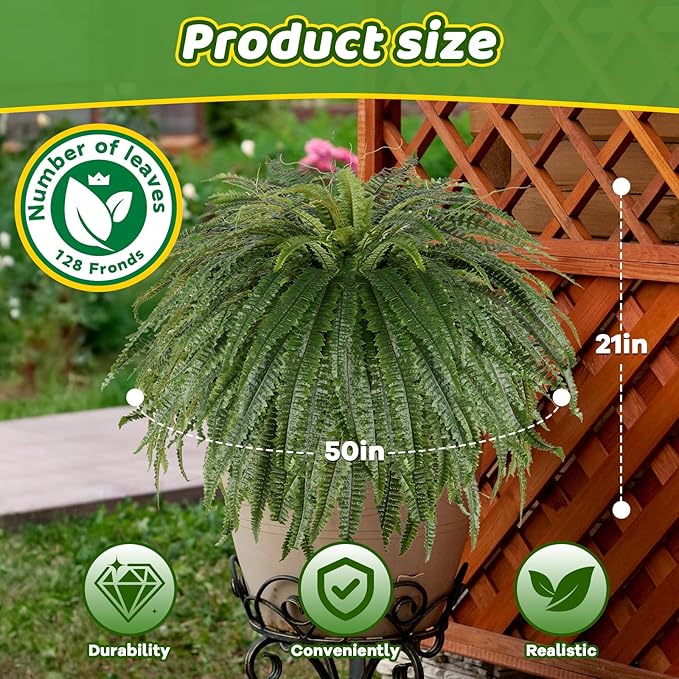 Arlpch Single Silky 50" Artificial Fern Plant, Large Fake Fern with 128Fronds, Realistic Faux Boston Fern Bush for Outdoors & Indoor, Silk Greenery for Planter, Garden, Office, Home Décor