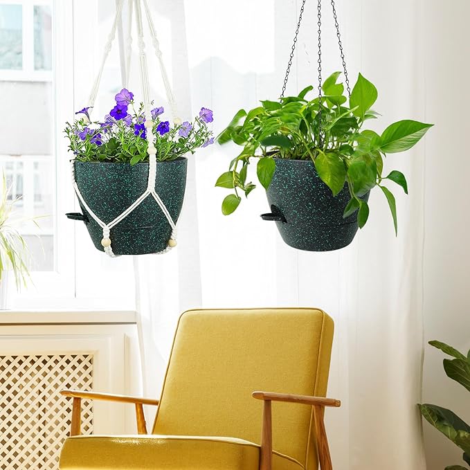 Meowell 10 inch Self Watering Hanging Planters, 2 Pack Hanging Flower Pots for Indoor Outdoor Plants, Hanging Baskets with Drainage Holes & 2 Kinds of Plant Hangers for Home Decor, Speckled Black