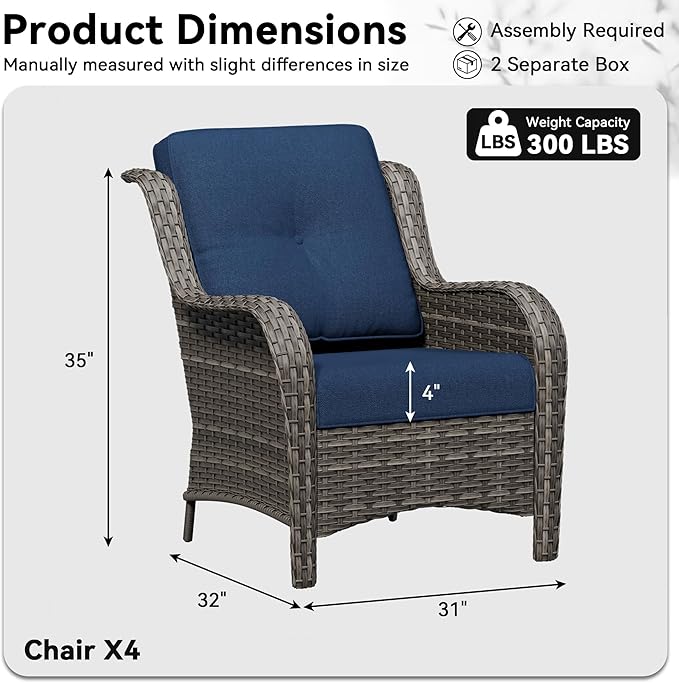 4 Piece Outdoor Wicker Patio Furniture Set, Patio Chairs Set of 4 with Thickened Olefin Cushions, High Back and Deep Seating, Hand-Woven PE Rattan for Porch, Deck, Blue