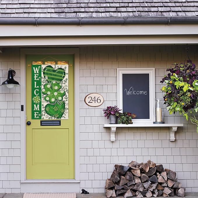 AVOIN colorlife St Patricks Day House Flag 28x40 Inch Double Sided Outside, Shamrocks Clovers Hearts Welcome Yard Outdoor Decoration