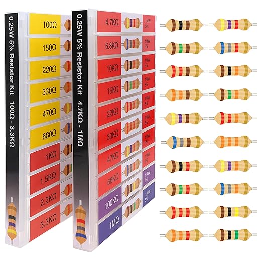 EEEEE 100 Ohm - 1M Ohm with 5% Carbon Resistor Assortment Kit and Electrical Industrial Assorted Set K Ohm Pack for Led Lights (5% 1/4 Watt 1000pcs 100Ω-1MΩ)