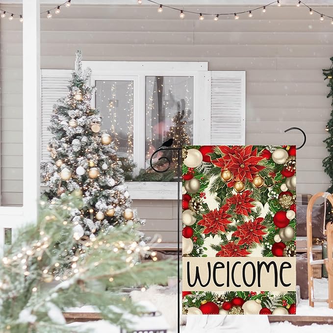 Welcome Garden Flag Christmas Bells Poinsettia Pine Trees Xmas Winter Yard Flag 12x18 Inch Double Sided Small Mini Yard Outdoor Outside Holiday Party Decoration