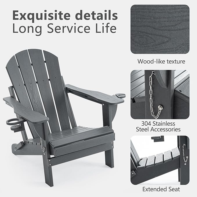 Folding Adirondack Chair Set with Side Table - HDPE Outdoor Patio Chairs, Weatherproof Chair with Reclining Back, Cup & Phone Holder, and 2-Tier Storage End Table for Firepit or Garden (Grey)