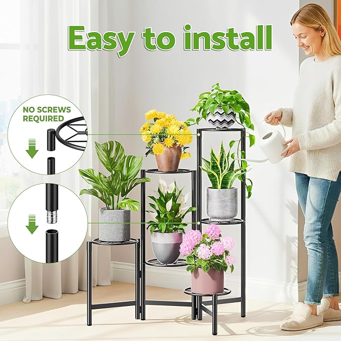NQW 6 Tier Metal Plant Stands Outdoor Indoor, Heavy Duty Flower Pot Holder Potted Display Rack Shelf, Tall Corner Plant Shelf for Patio Garden Balcony Living Room Bedroom -BlackDiamond