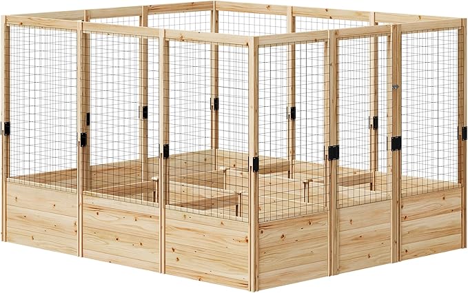 AMERLIFE Raised Garden Bed with Deer Proof Fence, 7.5Wx9Dx6H Outdoor Wooden Raised Garden Bed Planter with 19" Depth Planter Box