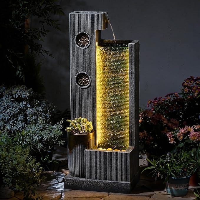 37’’ Tall Waterfall Fountain Indoor Modern Outdoor Water Fountains with LED Light,Vertical Striped Texture Floor Standing Water Feature for Patio, Yard, Garden or Home Decor