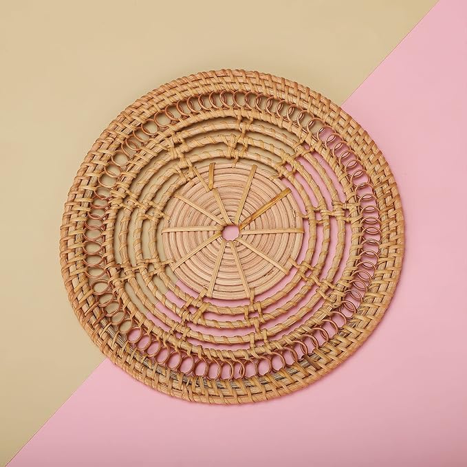 Boho Wall Basket Decor Set: Round Rattan Wall Decor, Hanging Basket, Flat Woven, Flower Shape, Khaki, 13"L x 13"W, Unisex, Indoor, Living Room