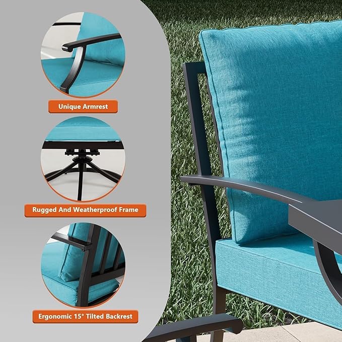 5-Piece Patio Furniture Set, Outdoor Table and Chairs with Rectangular All-Iron Coffee Table and 4 Chairs with Thick Cushions, Patio Conversation Set for Backyard, Balcony and lawns,Blue
