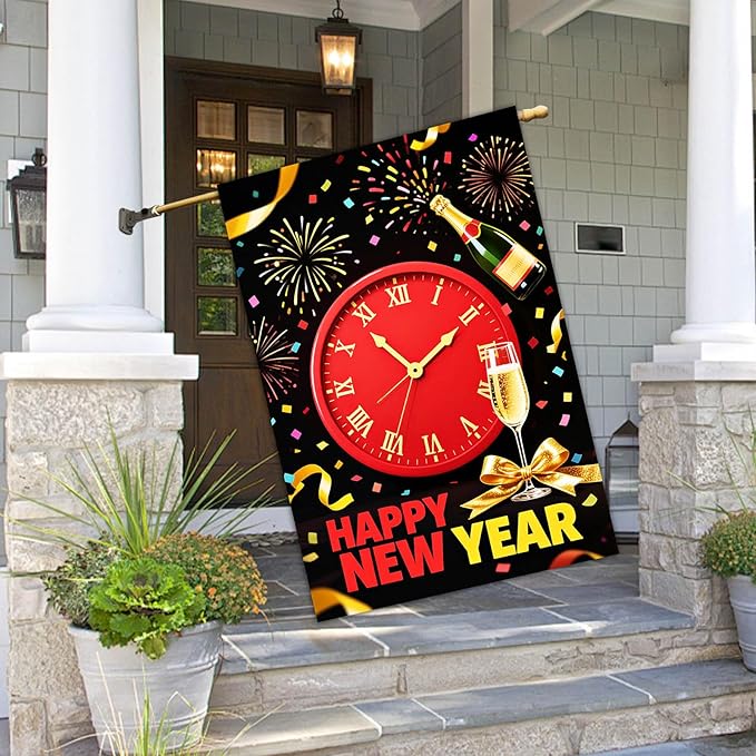 Happy New Year House Flag 28x40 Inch Red Clock Champagne Bottle and Fireworks Garden Flag Colorful Outdoor Yard Decoration Holiday Celebration Banner for Home Porch Lawn
