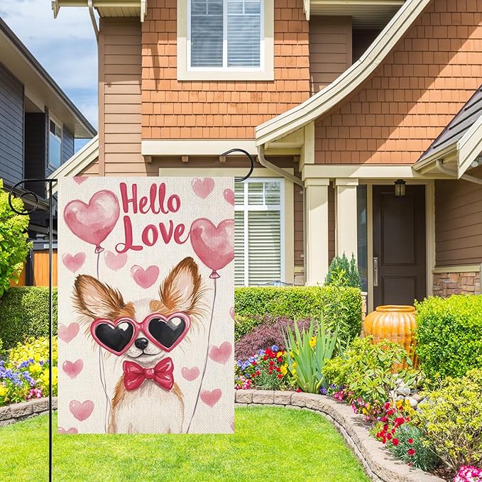 Valentine's Day Papillon Hello Love Garden Flag, House Yard Plaid Love Heart Outside Decoration, Spring Holiday Wedding Anniversary Outdoor Small Decor 12x18(12632)