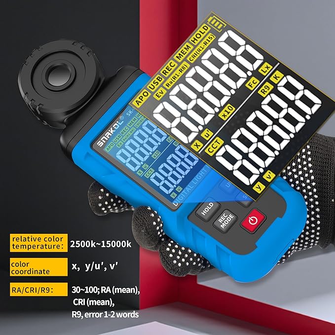 SNAKOL Spectral Illuminance Meter SK-8302A Light Meter, Lux Meter, CCT,RA,CRI,R9,Range up to 200,000 Lux 2500K-15000K, Color Coordinate,Data Storage, USB Charger, PC Software,Lighting Testing Tool